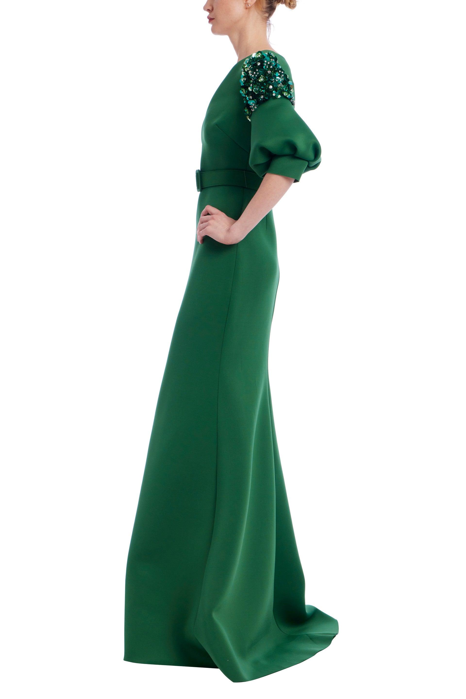 Belted Elbow Sleeve V-Neck Gown