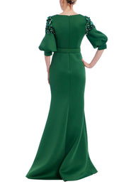 Belted Elbow Sleeve V-Neck Gown