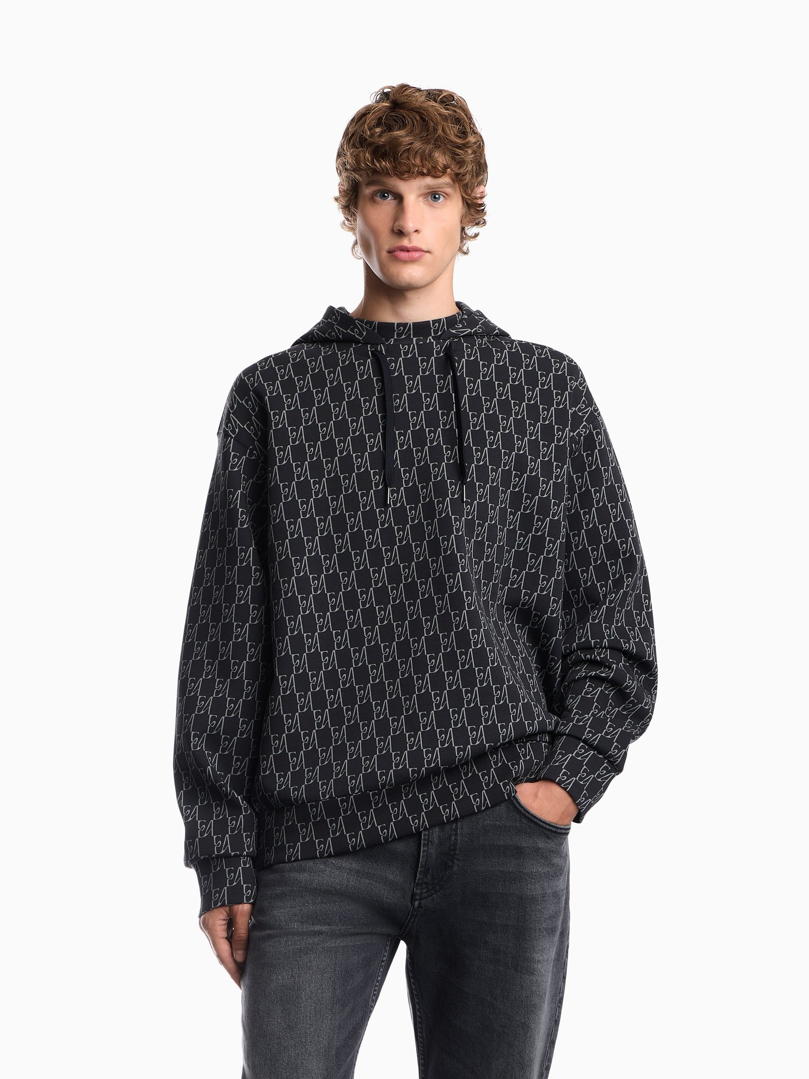 Double jersey hoodie with all-over logo print