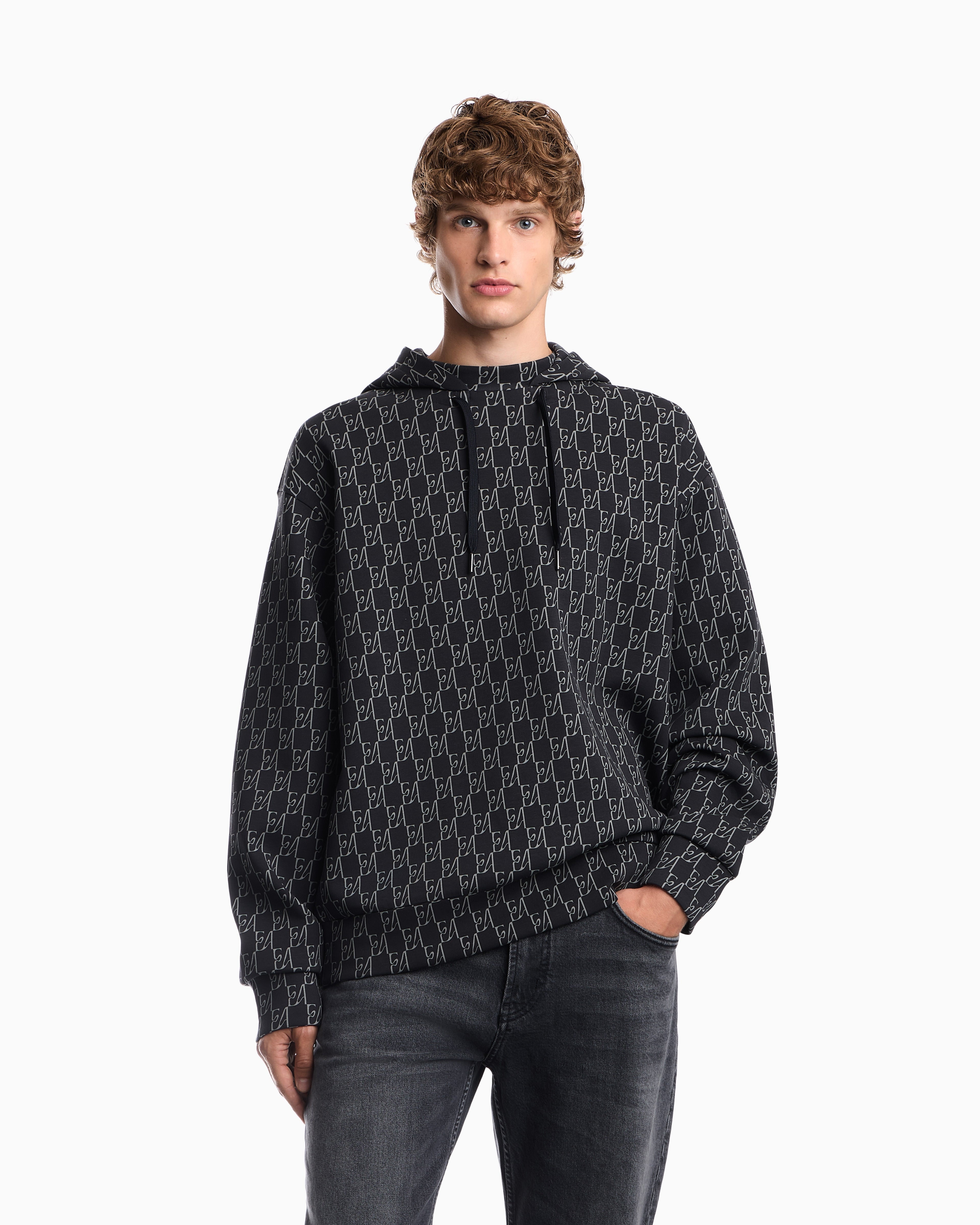 Double jersey hoodie with all-over logo print