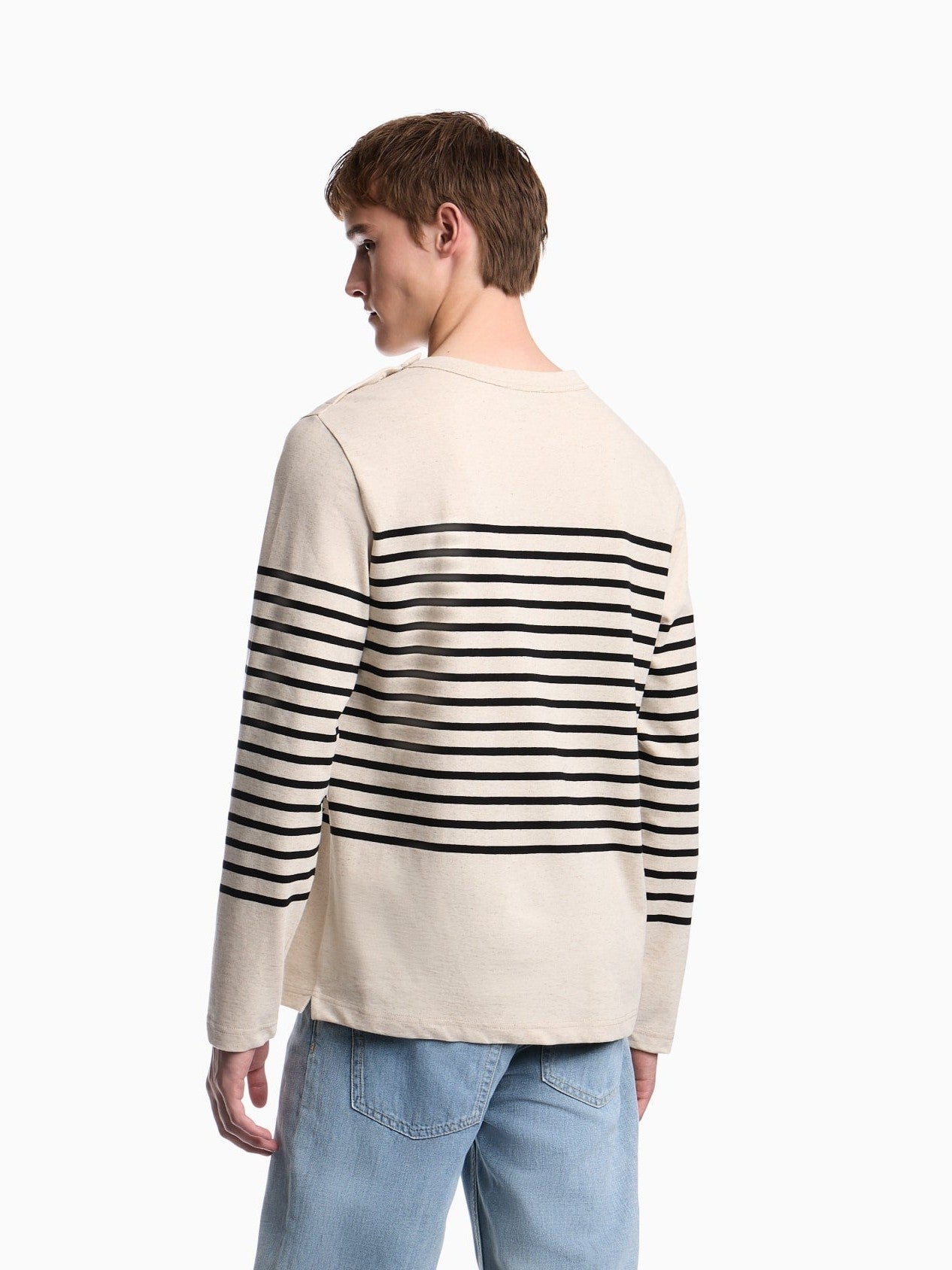 Jumper in striped cotton jersey with shoulder button