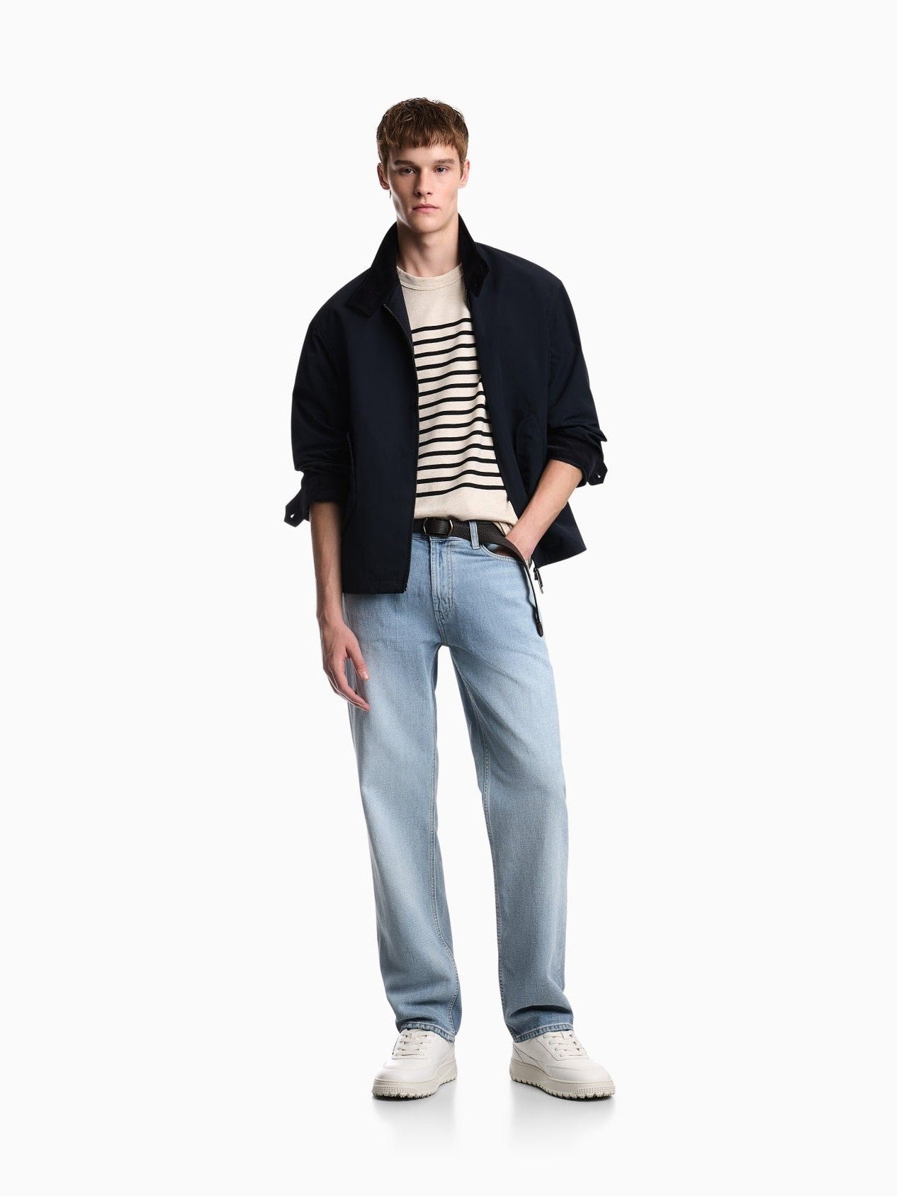 Jumper in striped cotton jersey with shoulder button