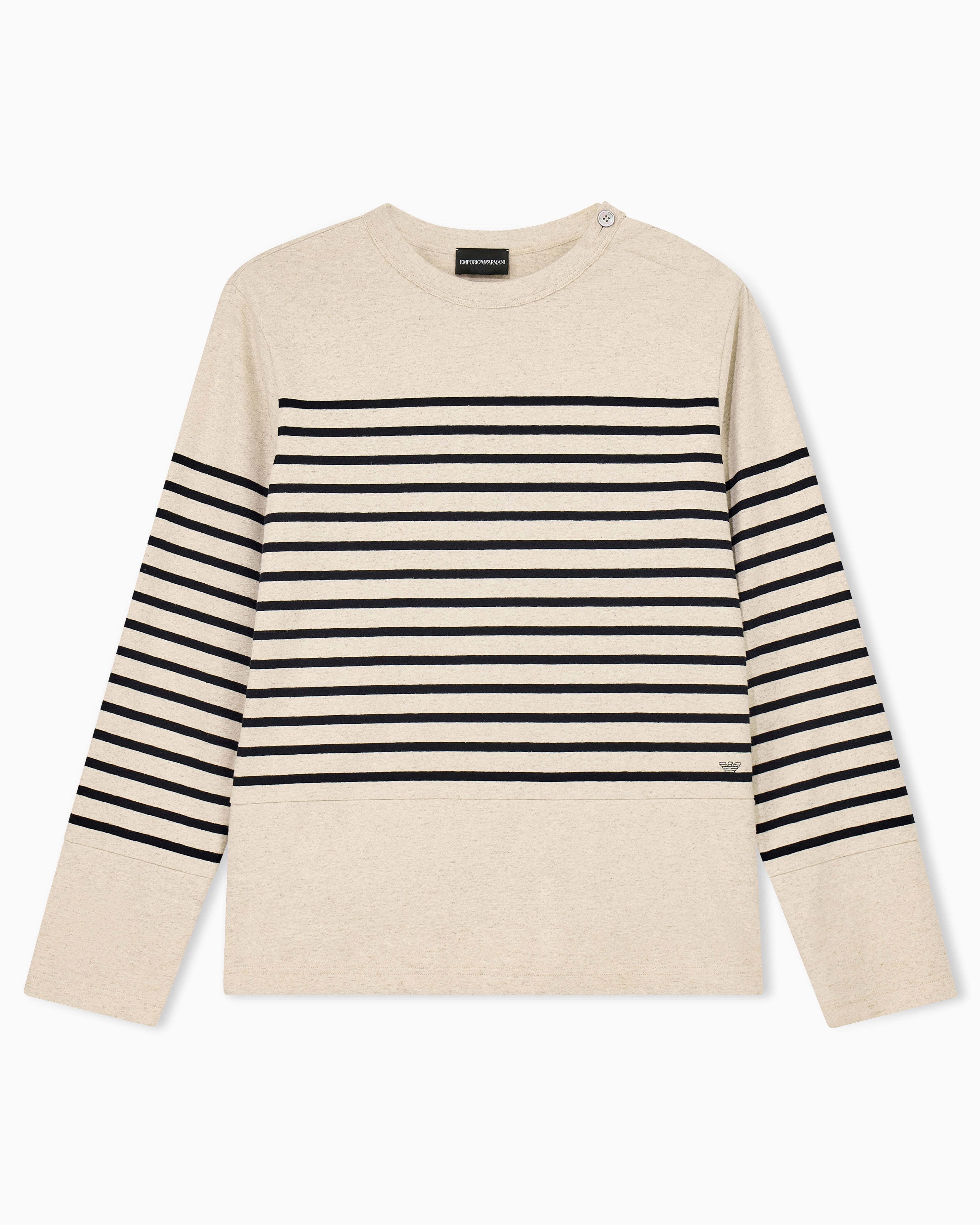 Jumper in striped cotton jersey with shoulder button