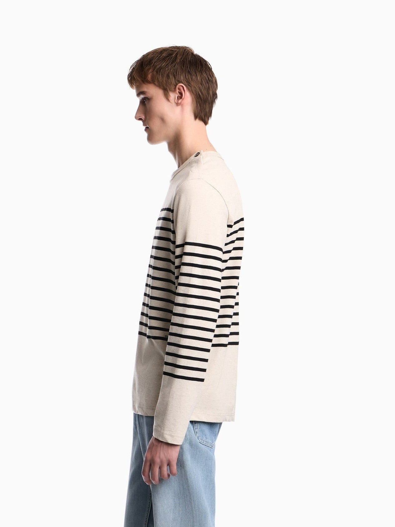Jumper in striped cotton jersey with shoulder button