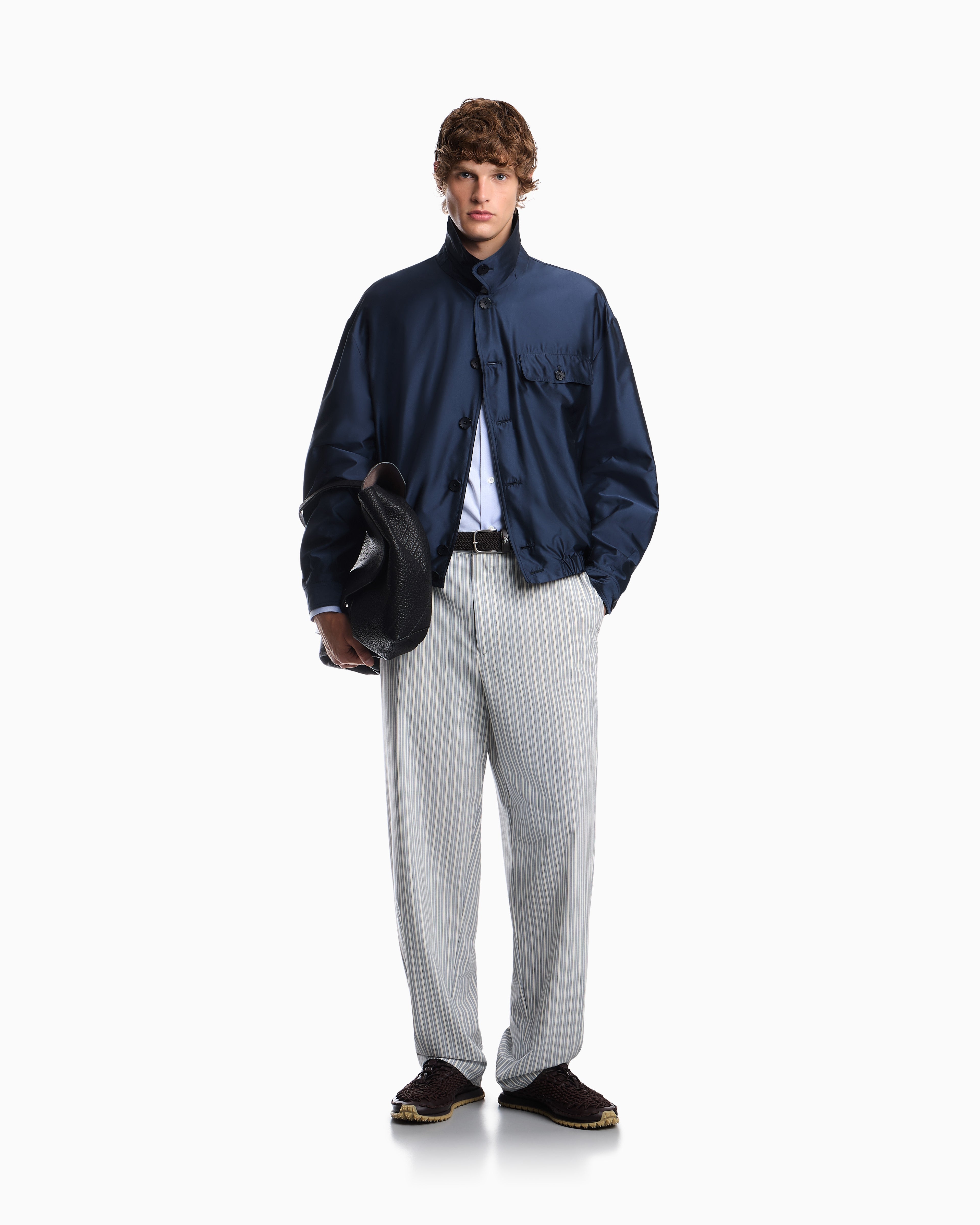 Blouson jacket in satin effect silk with a high collar