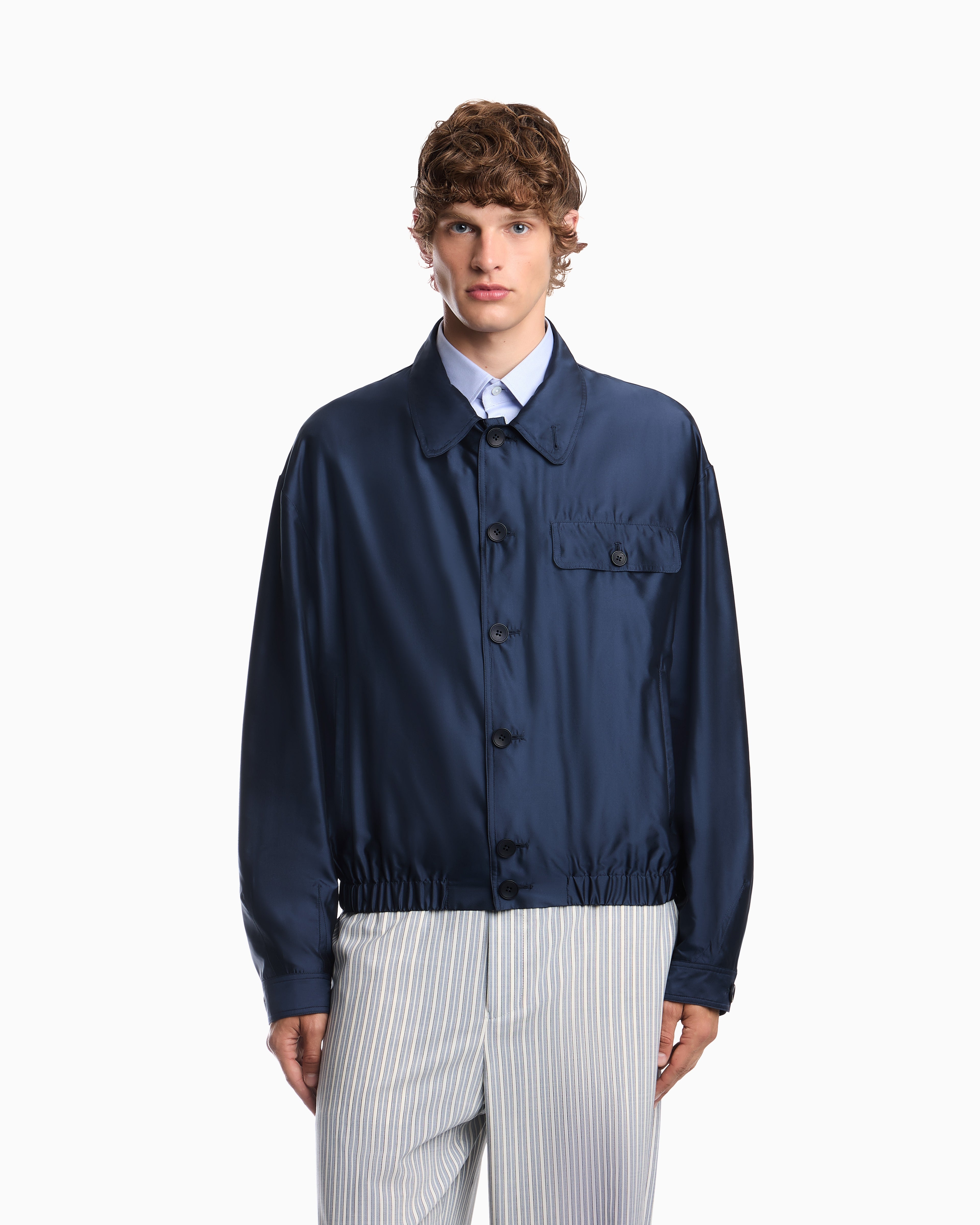 Blouson jacket in satin effect silk with a high collar