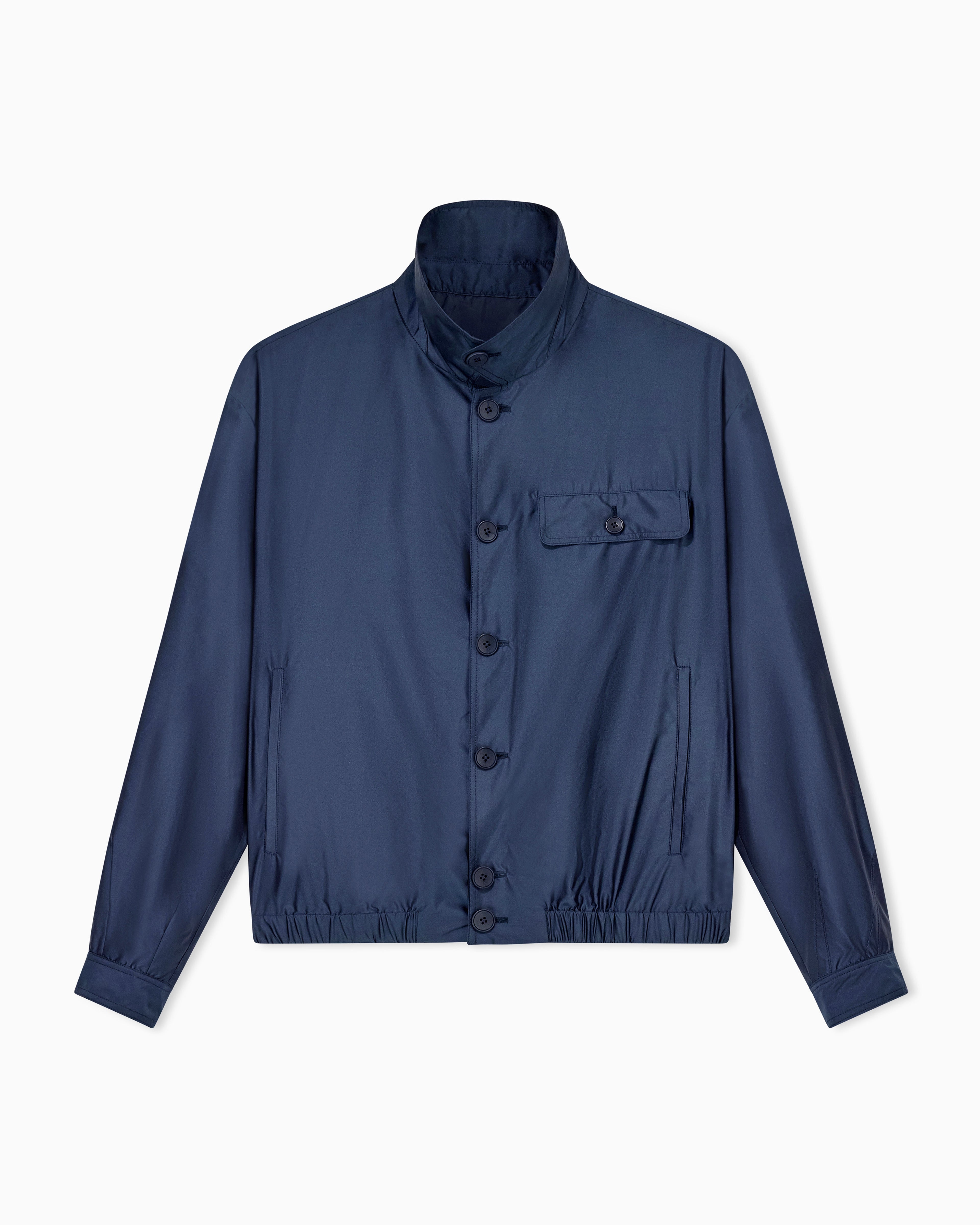 Blouson jacket in satin effect silk with a high collar