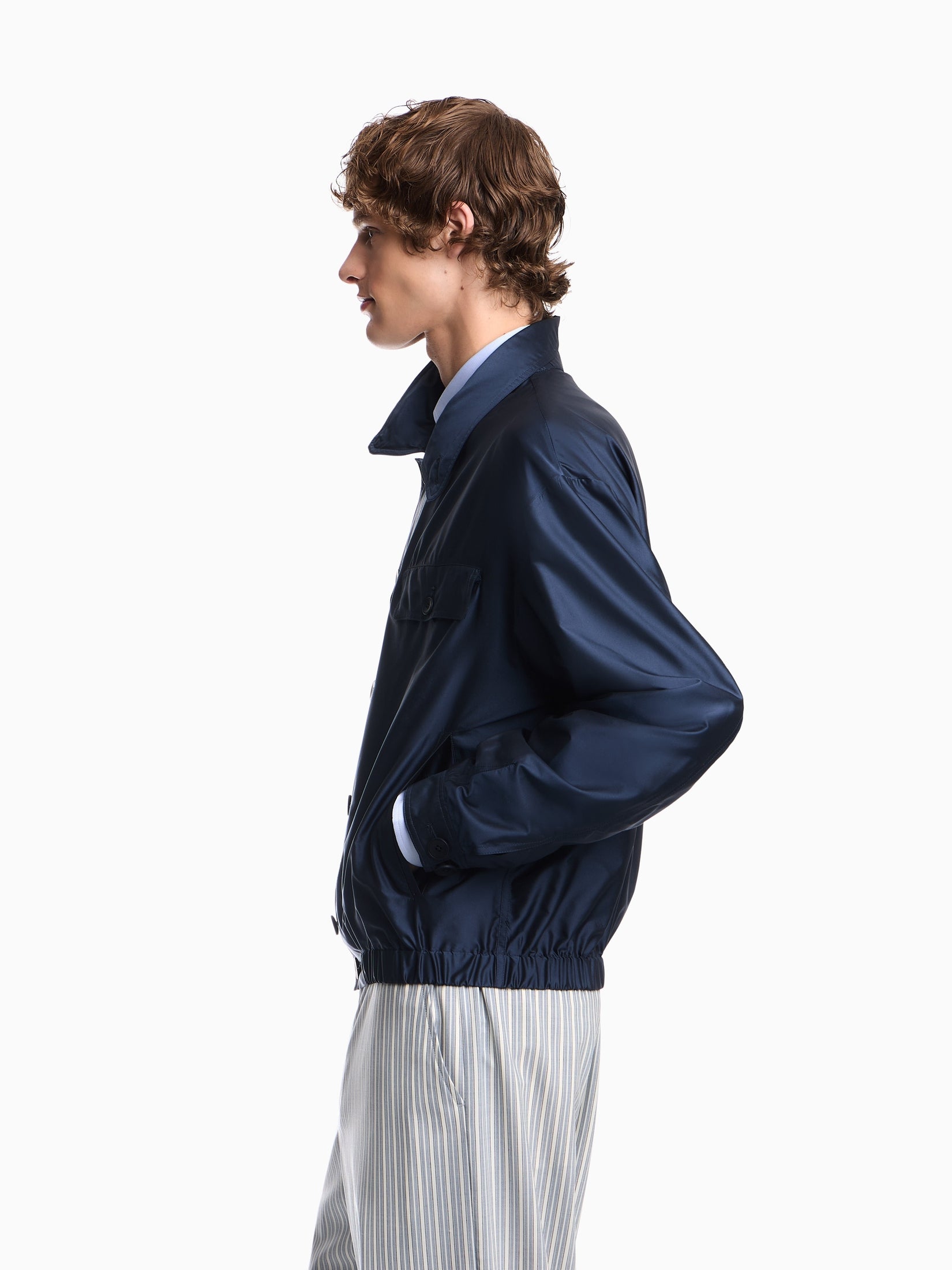 Blouson jacket in satin effect silk with a high collar