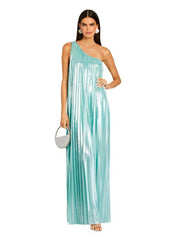 Kensley one-shoulder pleated gown in sea foam