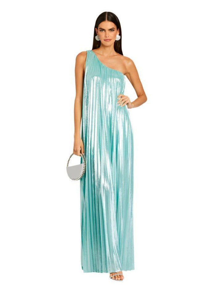 Kensley one-shoulder pleated gown in sea foam