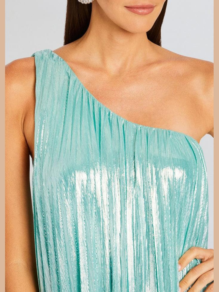 Kensley one-shoulder pleated gown in sea foam