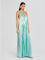 Kensley one-shoulder pleated gown in sea foam