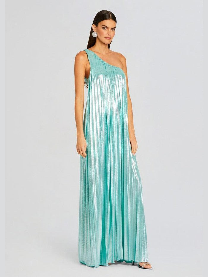 Kensley one-shoulder pleated gown in sea foam