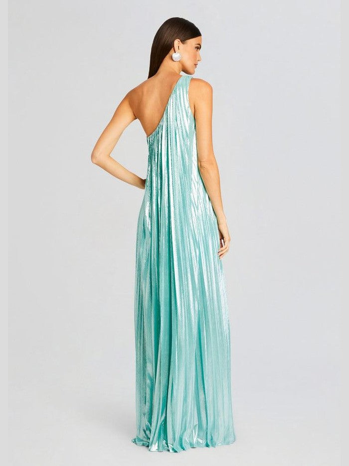 Kensley one-shoulder pleated gown in sea foam