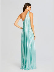 Kensley one-shoulder pleated gown in sea foam