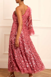 FALLING LEAVES ONE-SHOULDER ANKLE GOWN