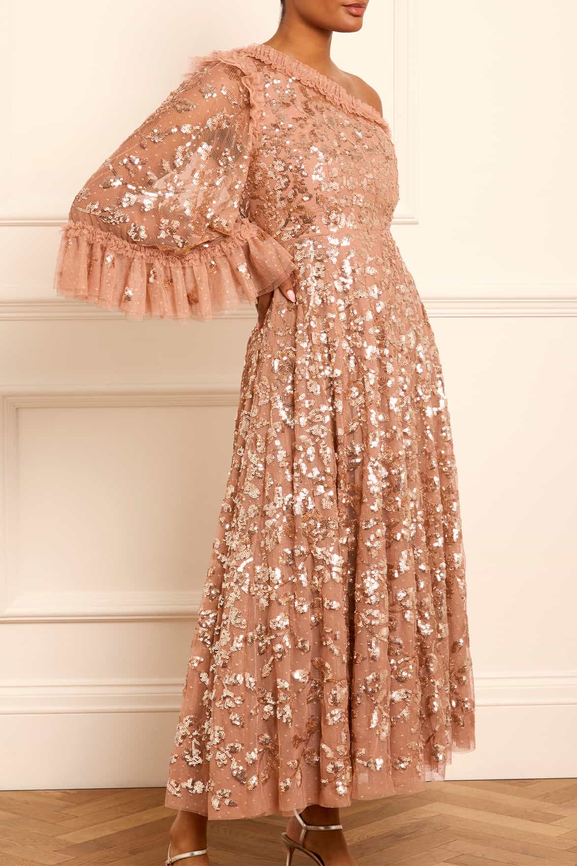 FALLING LEAVES ONE-SHOULDER ANKLE GOWN