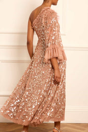 FALLING LEAVES ONE-SHOULDER ANKLE GOWN