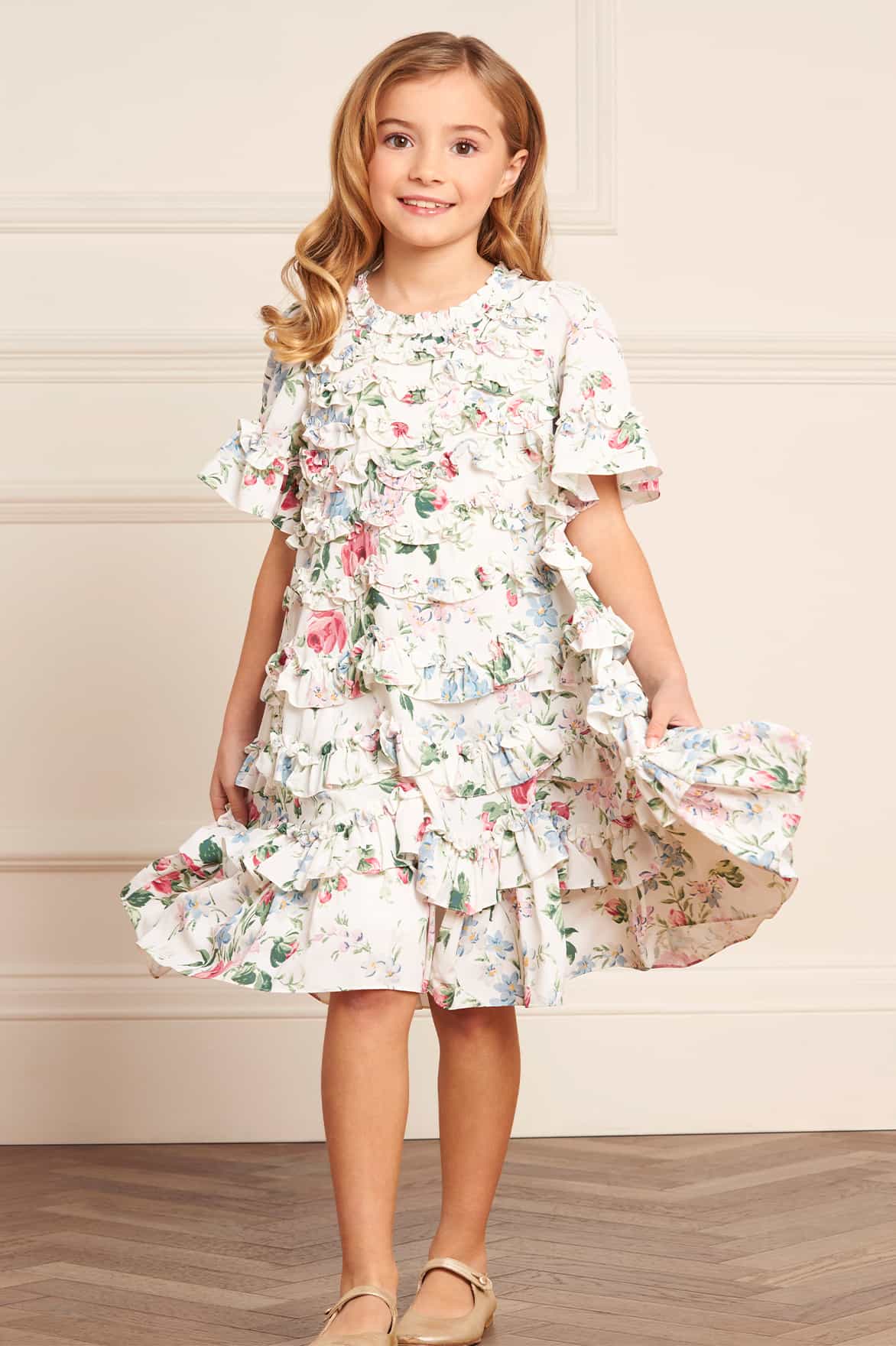 FLORAL FANTASY CREPE SHORT SLEEVE KIDS DRESS