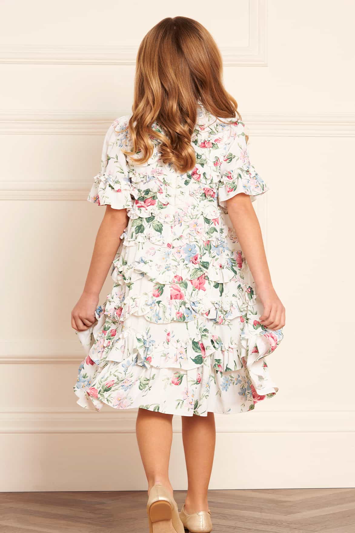 FLORAL FANTASY CREPE SHORT SLEEVE KIDS DRESS