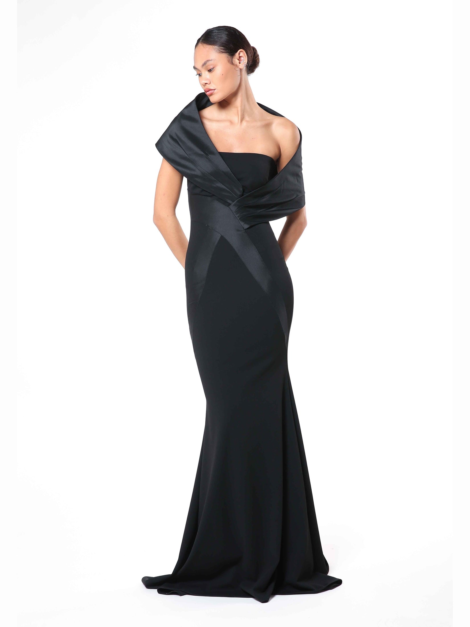 Royal crepe crystal & scuba gown - black