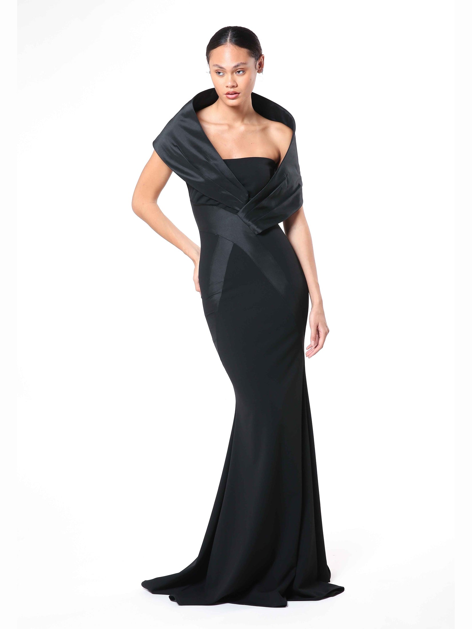 Royal crepe crystal & scuba gown - black