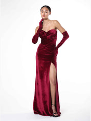 Velvet off-shoulder evening dress – red