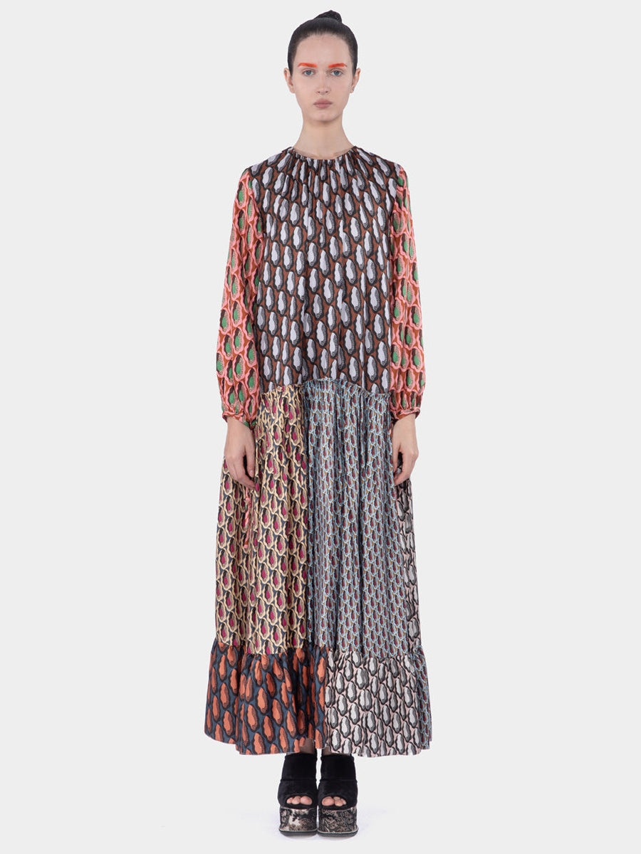 Ganara mix twill silk print midi dress