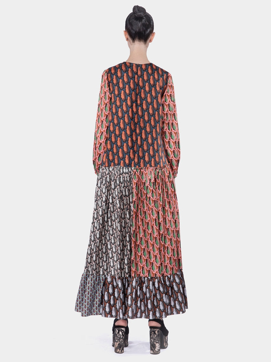Ganara mix twill silk print midi dress