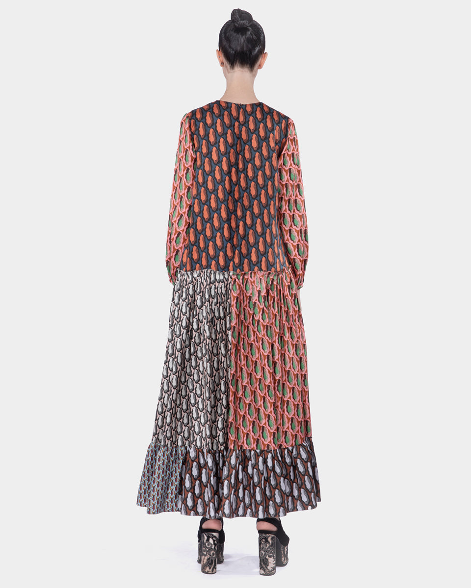 GANARA MIX TWILL SILK PRINT MIDI DRESS
