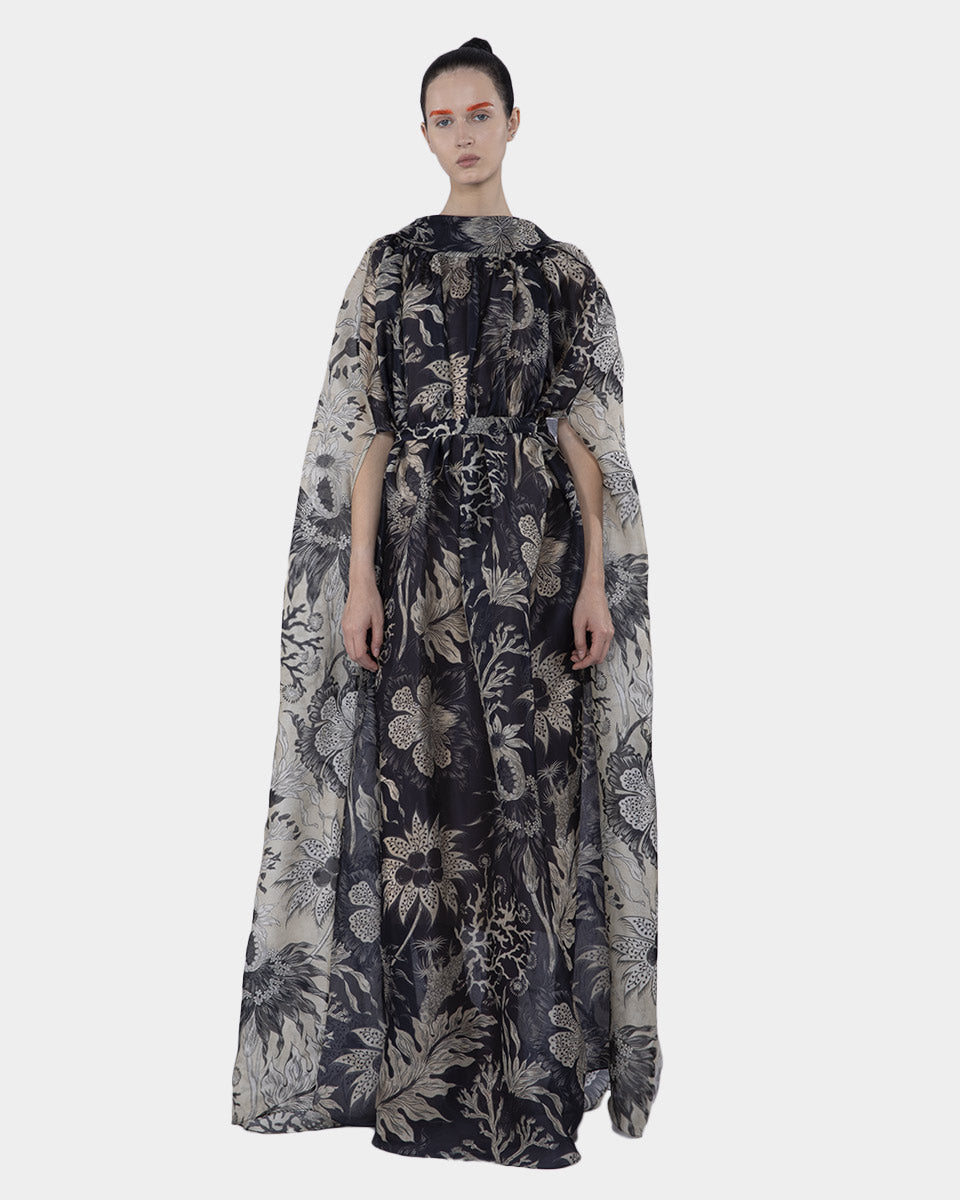 GAYA LOW BACK COLLAR ORGANZA SILK PRINT LONG CAPE DRESS
