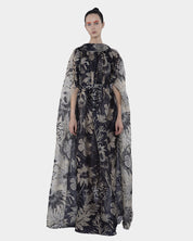 GAYA LOW BACK COLLAR ORGANZA SILK PRINT LONG CAPE DRESS