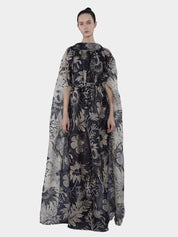 Gaya low back collar organza silk print long cape dress