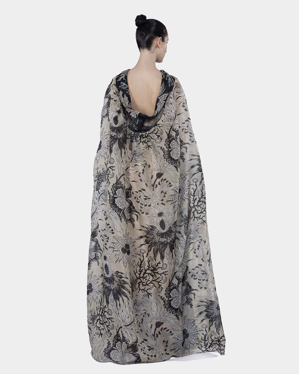 GAYA LOW BACK COLLAR ORGANZA SILK PRINT LONG CAPE DRESS