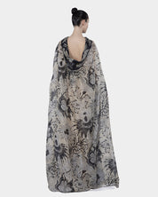 GAYA LOW BACK COLLAR ORGANZA SILK PRINT LONG CAPE DRESS