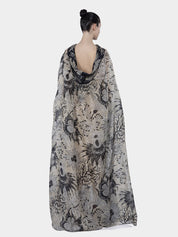 Gaya low back collar organza silk print long cape dress