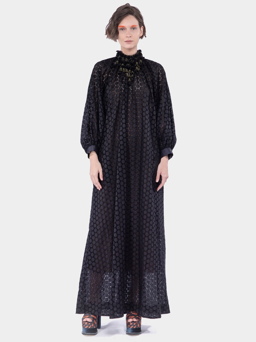 Gershon cotton eyelet long dress with gathered and embellished neck
line