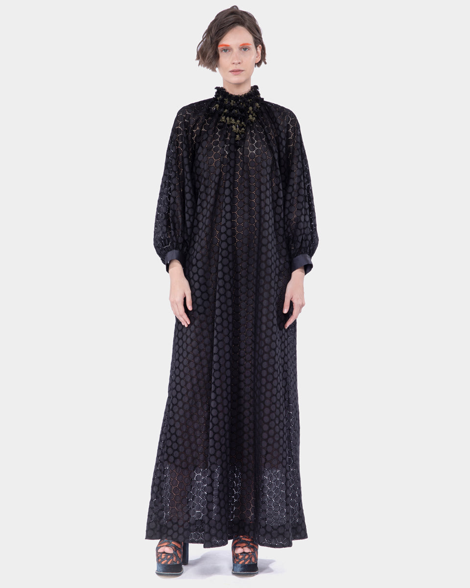 GERSHON COTTON EYELET LONG DRESS WITH GATHERED AND EMBELLISHED NECK
LINE