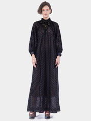 Gershon cotton eyelet long dress with gathered and embellished neck
line