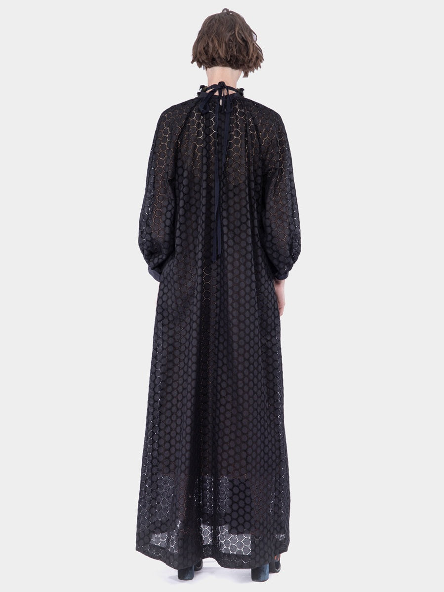 Gershon cotton eyelet long dress with gathered and embellished neck
line