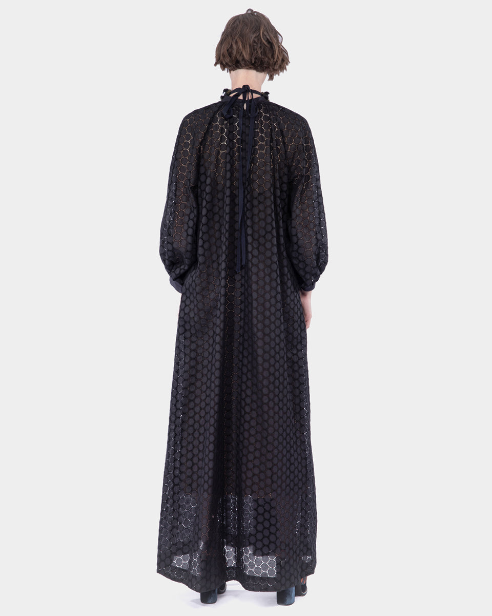 GERSHON COTTON EYELET LONG DRESS WITH GATHERED AND EMBELLISHED NECK
LINE