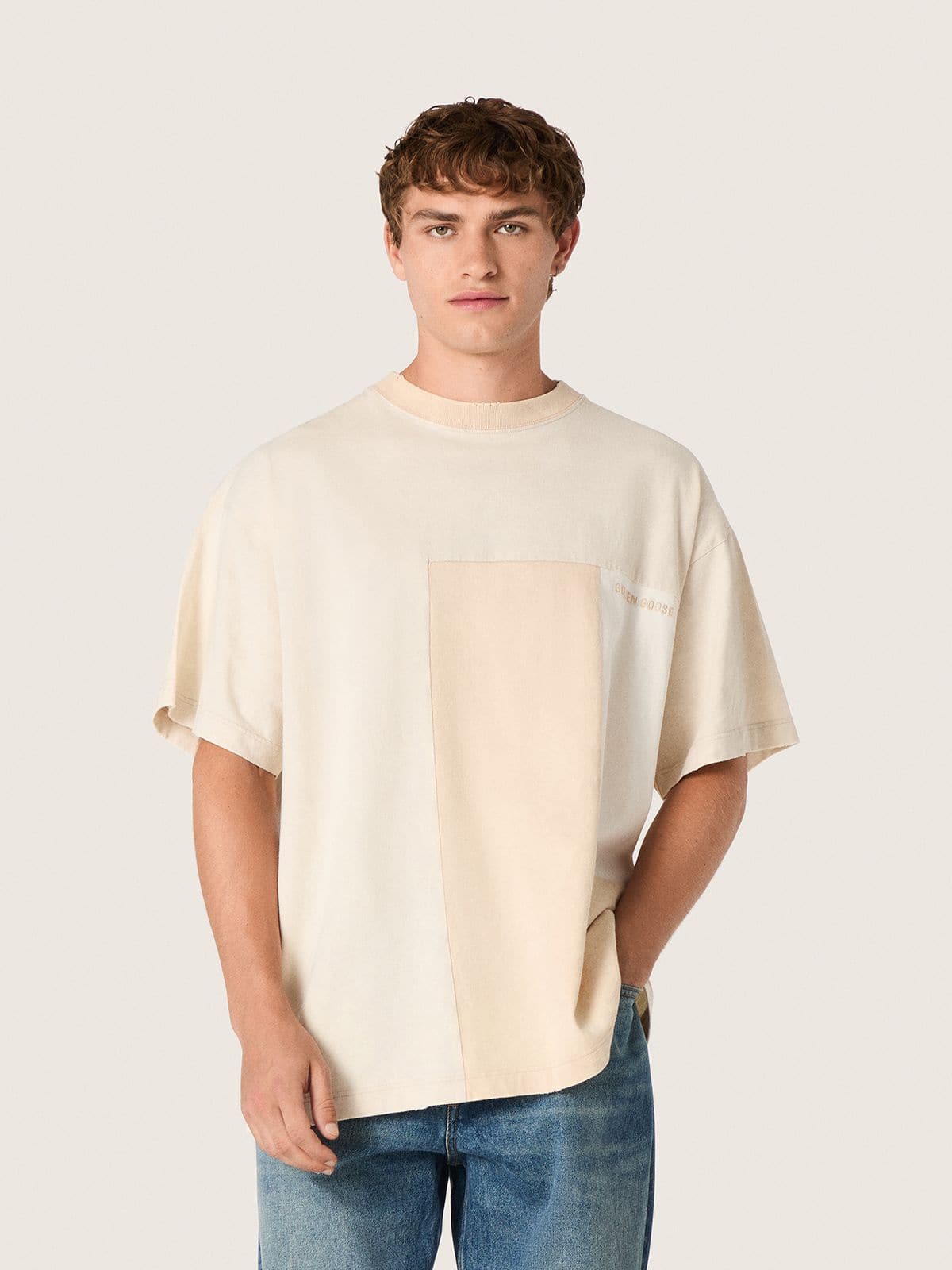 Journey m's loose fit patchwork t-shirt dyed gauze cotton jersey embroidered logo