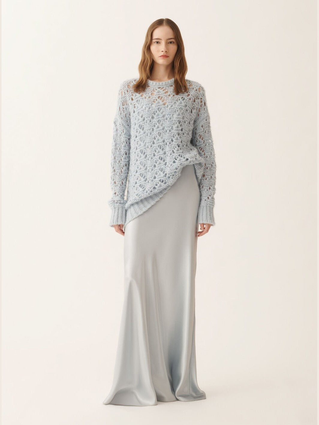 Asymmetric skirt in aqua satin