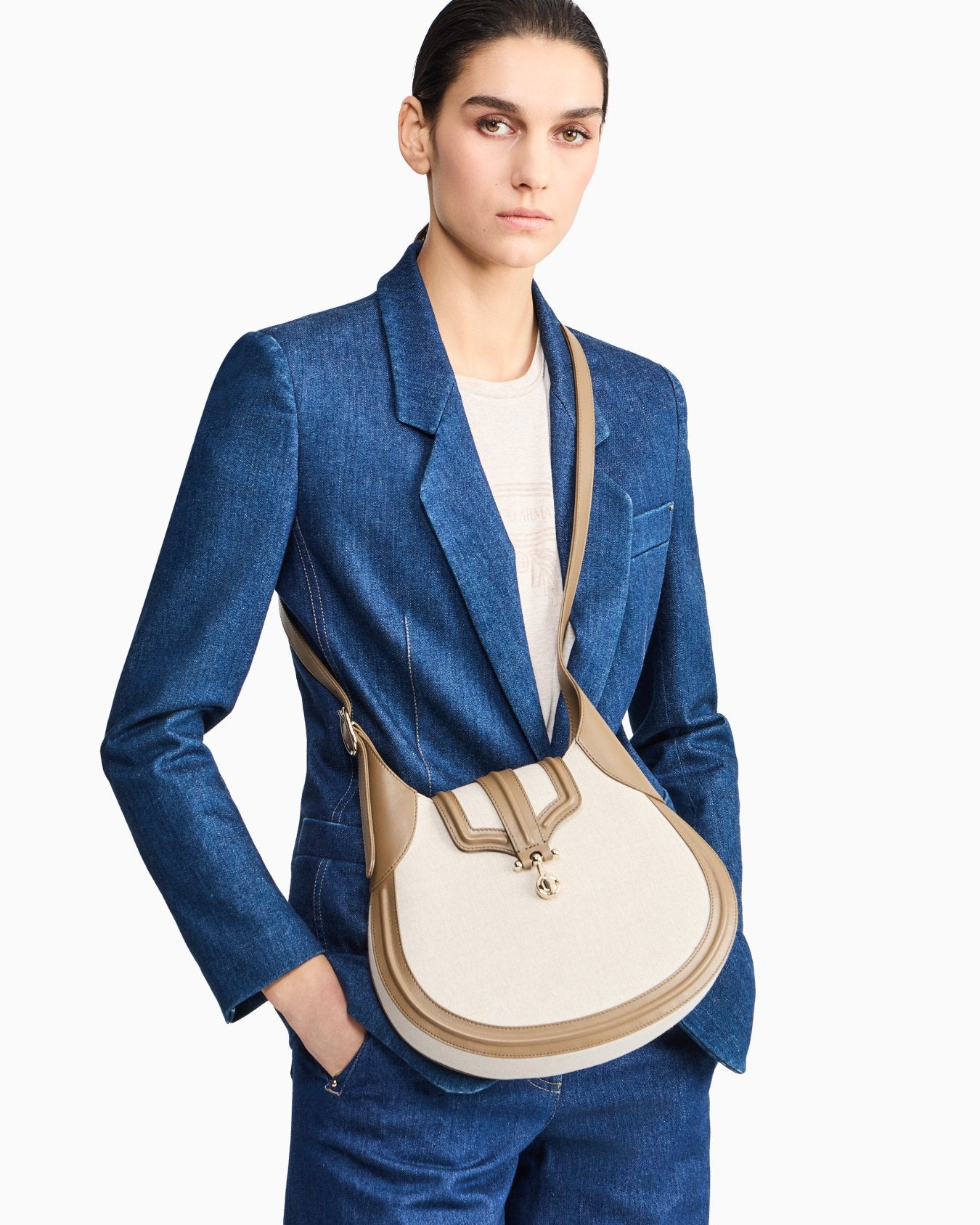 Small hobo bag in canvas and smooth leather