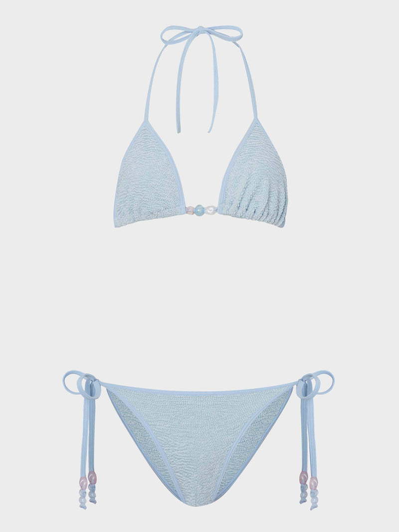 Gina beaded bikini - a metallic crinkle metallic ice blue