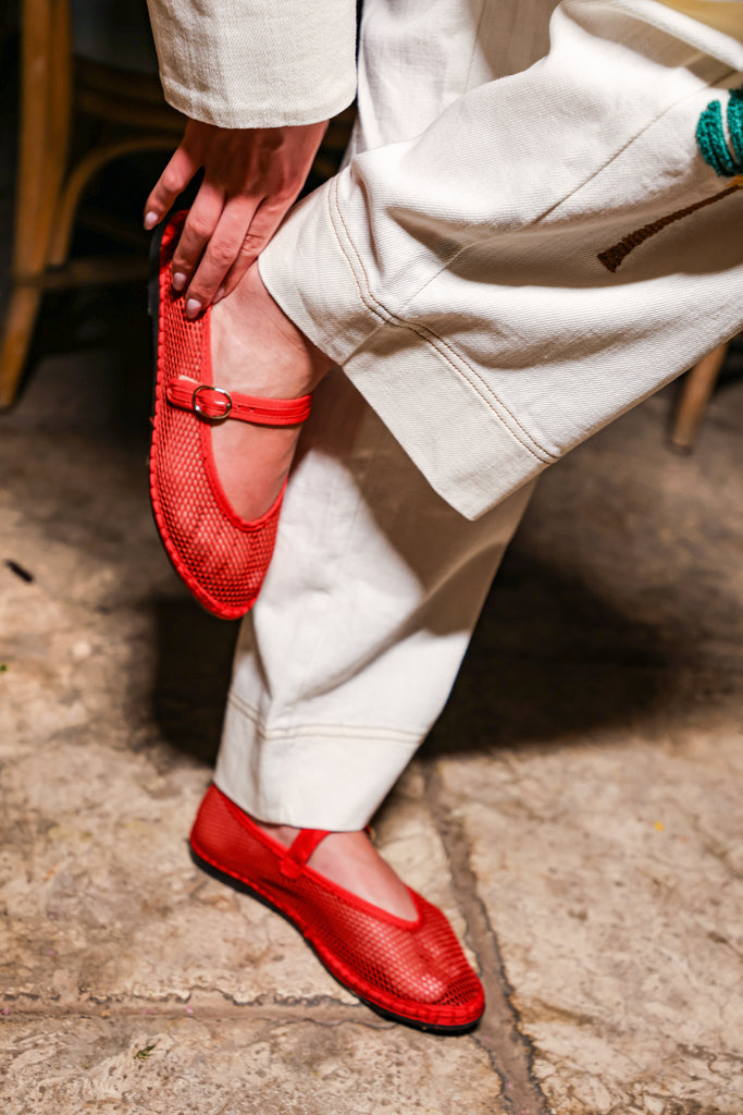 Isabella red mesh ballerina v-hole in red with red piping