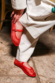 Isabella red mesh ballerina v-hole in red with red piping