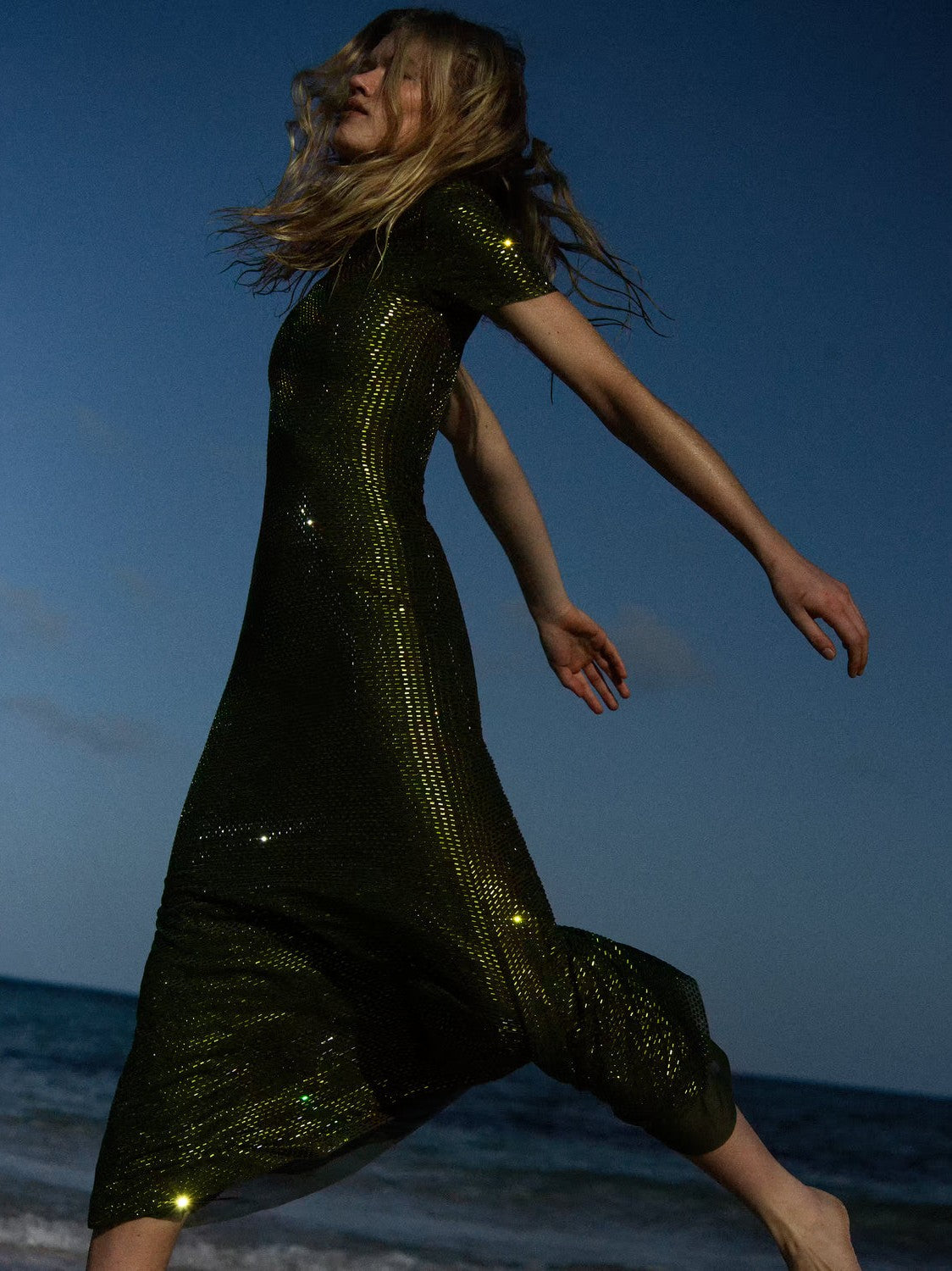 Olive rhinestone mesh midi dress