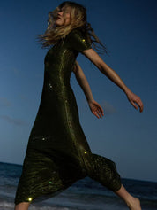 Olive rhinestone mesh midi dress