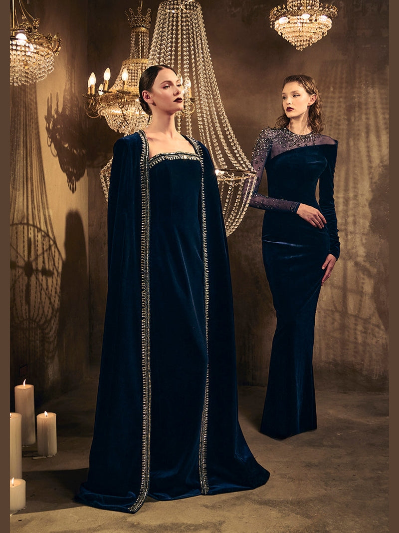 Asymmetric velvet blue dress with tulle and crystal embroidery